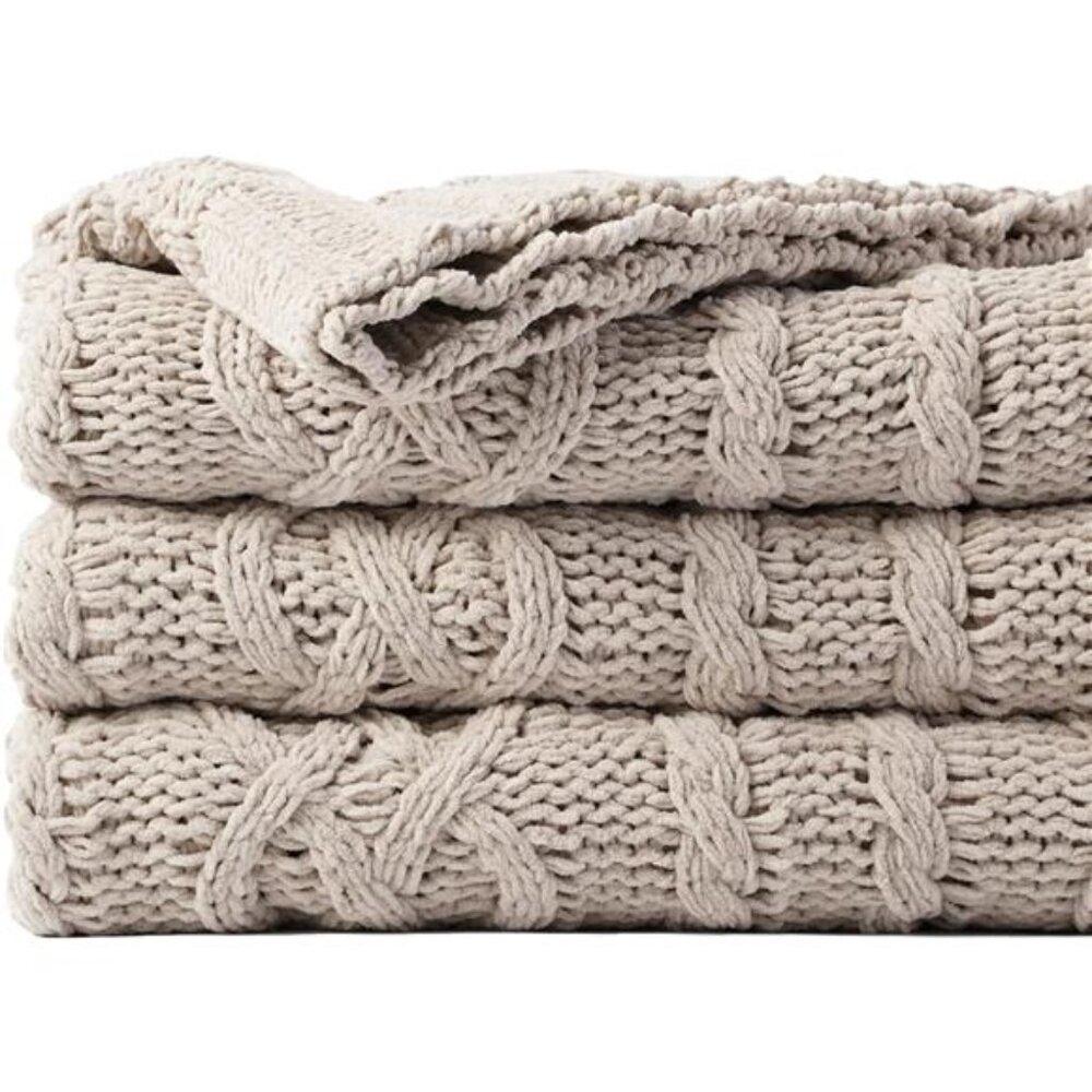 Light Grey Throw Blanket for Couch, Woven Chenille Knit Throw Blanket Versatile
